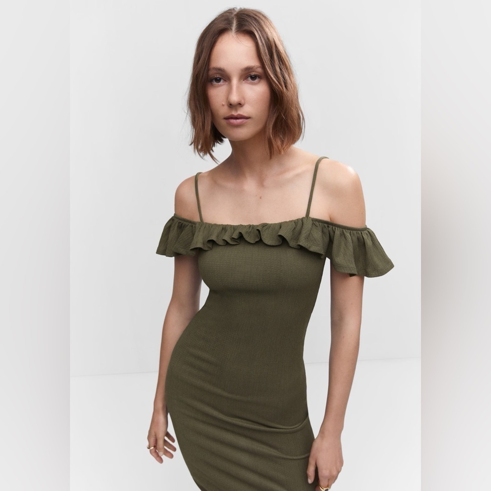 Mango khaki ruffles dress NWT
